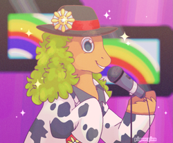 Size: 925x768 | Tagged: safe, artist:pigeorgien, imported from derpibooru, earth pony, pony, my little pony tales, 80s, clothes, dazzle, female, g1, hat, jacket, looking at you, mare, microphone, parody, rainbow, sergey minaev, shirt, smiling, smiling at you, solo, sparkles, television, unshorn fetlocks