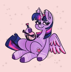 Size: 1490x1517 | Tagged: safe, artist:dear_crimes, imported from derpibooru, twilight sparkle, alicorn, pony, bong, drugs, ear piercing, earring, high, highlight sparkle, jewelry, lidded eyes, looking at you, piercing, smiling, solo, spread wings, twilight sparkle (alicorn), wings