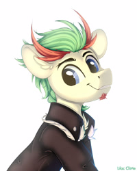 Size: 1280x1600 | Tagged: safe, artist:lilclim, imported from derpibooru, oc, oc only, oc:redchetgreen, earth pony, original species, pony, beard, bust, caption, clothes, cute, eyes closed, eyes open, facial hair, furry, high res, image macro, jacket, male, portrait, sitting, smiling, solo, stallion, text