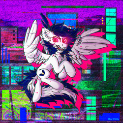 Size: 1280x1280 | Tagged: safe, artist:lilclim, imported from derpibooru, oc, oc only, oc:rachel rage, oc:rayrage, pegasus, pony, aggressive, background, brightcolor, building, caption, error, eyes open, female, flying, full body, glitch, image macro, night, solo, text, town, wings