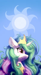 Size: 1280x2323 | Tagged: safe, artist:lilclim, imported from derpibooru, princess celestia, sunburst, alicorn, pony, bust, canon, caption, crown, cute, day, eyes open, fanart, female, high res, image macro, jewelry, long hair, portrait, profile, regalia, side view, sky, smiling, solo, solo female, sun, text