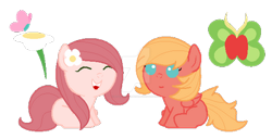 Size: 400x204 | Tagged: safe, artist:nopepixels, artist:opalescentartist, imported from derpibooru, oc, oc only, oc:ambrosia, oc:annie apricot, earth pony, pegasus, pony, baby, baby pony, base used, deviantart watermark, duo, female, filly, flower, flower in hair, obtrusive watermark, offspring, parent:big macintosh, parent:fluttershy, parents:fluttermac, siblings, simple background, sisters, transparent background, watermark