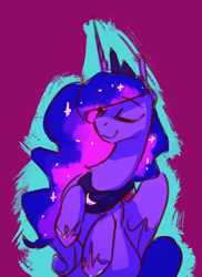 Size: 496x682 | Tagged: safe, artist:anticular, imported from derpibooru, princess luna, alicorn, pony, colorful, crown, ethereal mane, eyes closed, female, hoof shoes, jewelry, mare, needs more saturation, regalia, smiling, solo, starry mane, tiara