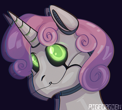 Size: 850x768 | Tagged: safe, artist:pigeorgien, imported from derpibooru, sweetie belle, pony, robot, robot pony, unicorn, friendship is witchcraft, bust, chromatic aberration, cute, diasweetes, female, filly, portrait, roboticization, solo, sweetie bot