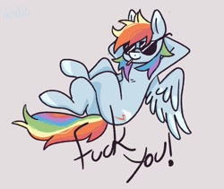 Size: 1386x1171 | Tagged: safe, artist:dear_crimes, imported from derpibooru, rainbow dash, pegasus, pony, cigarette, fuck you, hooves behind head, pink background, simple background, solo, sunglasses, vulgar