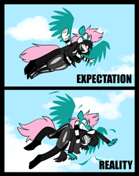 Size: 2550x3230 | Tagged: safe, artist:latexia, imported from derpibooru, oc, oc only, oc:cid, oc:isabelle incraft, oc:izzy, anthro, earth pony, pegasus, pony, acrophobia, beret, clothes, comic, earth pony oc, expectation vs reality, flying, hat, high res, holding a pony, mime, pegasus oc, scared, wings, x, x eyes