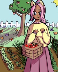 Size: 1080x1350 | Tagged: safe, artist:faekiwi, imported from derpibooru, fluttershy, human, apple, basket, clothes, dark skin, eared humanization, fence, food, garden, humanized, skirt, solo, sweater, tree