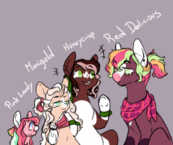 Size: 1000x834 | Tagged: safe, artist:orphicswan, imported from derpibooru, oc, oc only, oc:honeycrisp, oc:marigold, oc:pink lady, oc:red delicious, earth pony, pony, unicorn, magical lesbian spawn, offspring, parent:apple bloom, parent:big macintosh, parent:cheerilee, parent:diamond tiara, parents:cheerimac, parents:cheesejack, parents:diamondbloom, solo