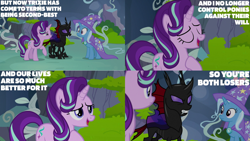 Size: 1280x720 | Tagged: safe, edit, edited screencap, editor:quoterific, imported from derpibooru, screencap, pharynx, starlight glimmer, trixie, changeling, pony, unicorn, to change a changeling, angry, cape, clothes, collage, female, hat, hoof on chest, male, open mouth, purple changeling, sharp teeth, solo, teeth, trio, trixie's cape, trixie's hat