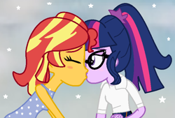 Size: 690x467 | Tagged: safe, artist:jadeharmony, artist:jadethepegasus, imported from derpibooru, sci-twi, sunset shimmer, twilight sparkle, fanfic:sunset shimmer discovers her feet, equestria girls, clothes, crossover, dress, fanfic, fanfic art, female, female focus, females only, kissing, lesbian, scitwishimmer, shipping, solo focus, stars, sunsetsparkle, the little mermaid