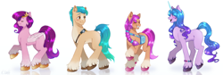 Size: 1900x641 | Tagged: safe, artist:asilingrose, imported from derpibooru, hitch trailblazer, izzy moonbow, pipp petals, sunny starscout, earth pony, pegasus, pony, unicorn, badge, bag, blaze (coat marking), blushing, bracelet, braid, coat markings, eyes closed, facial markings, female, g5, jewelry, looking at each other, looking back, male, mare, open mouth, pale belly, pipp, raised hoof, shiny mane, simple background, smiling, socks (coat markings), stallion, unshorn fetlocks, walking, white background, white wings