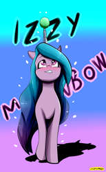 Size: 3544x5752 | Tagged: safe, artist:undercowboy, imported from derpibooru, izzy moonbow, pony, unicorn, ball, blushing, female, g5, gradient background, high res, horn, horn guard, horn impalement, hornball, izzy's tennis ball, mare, solo, tennis ball, text