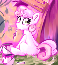 Size: 1794x2000 | Tagged: safe, artist:dimfann, imported from derpibooru, sweetie belle, pony, unicorn, the show stoppers, blank flank, bucket, butt, cute, diasweetes, female, filly, grass, looking back, mouth hold, paint, paintbrush, plot, sitting, solo, sweetie butt