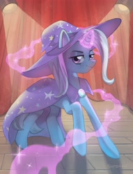 Size: 3703x4856 | Tagged: safe, artist:supsaka, imported from derpibooru, trixie, pony, unicorn, cape, clothes, female, glowing horn, hat, high res, horn, lights, looking at you, mare, raised hoof, solo, trixie's cape, trixie's hat