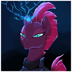 Size: 2000x2000 | Tagged: safe, artist:nnaly, imported from derpibooru, tempest shadow, pony, unicorn, my little pony: the movie, broken horn, dark, female, horn, lightning, mare, solo