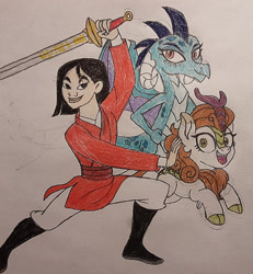 Size: 900x973 | Tagged: safe, artist:jebens1, imported from derpibooru, autumn blaze, princess ember, dragon, human, kirin, boots, clothes, crossover, disney, fa mulan, female, gloves, motorcross, mulan, shoes, sword, weapon