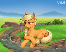 Size: 2000x1589 | Tagged: safe, artist:uliovka, imported from derpibooru, applejack, earth pony, pony, creek, female, grass, hatless, leg fluff, lying down, mare, missing accessory, mountain, prone, river, scenery, solo