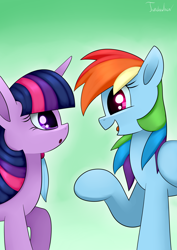 Size: 2480x3507 | Tagged: safe, artist:twidasher, imported from derpibooru, rainbow dash, twilight sparkle, pegasus, pony, duo, feather, female, gradient background, green background, height difference, lesbian, looking at each other, open mouth, shipping, signature, simple background, twidash