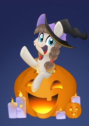 Size: 2480x3508 | Tagged: safe, artist:balychen, artist:balychenv, imported from derpibooru, oc, oc only, oc:connie bloom, pony, candle, clothes, costume, cute, euro bronycon, halloween, halloween costume, hat, holiday, jack-o-lantern, mascot, ocbetes, pumpkin, solo, witch hat