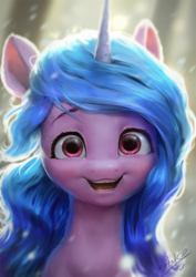 Size: 850x1200 | Tagged: safe, artist:assasinmonkey, imported from derpibooru, izzy moonbow, pony, unicorn, bust, cute, digital painting, female, g5, izzybetes, looking at you, mare, open mouth, portrait, smiling, solo