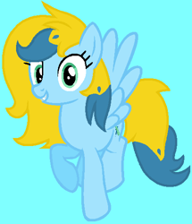 Size: 453x526 | Tagged: safe, artist:diamondbellefan25, imported from derpibooru, oc, oc:brush prism, pegasus, pony, blue background, cutie mark, female, flying, grin, mare, simple background, smiling