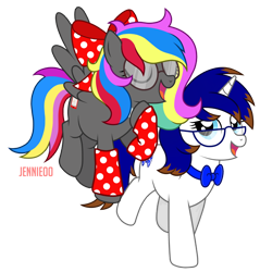 Size: 1146x1200 | Tagged: safe, artist:jennieoo, imported from derpibooru, oc, oc:dazzle flash, oc:phantasia, pegasus, pony, unicorn, chat, chatting, flying, glasses, show accurate, small talk, walking