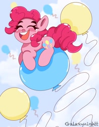 Size: 1300x1660 | Tagged: safe, artist:galaxynightt, imported from derpibooru, pinkie pie, earth pony, pony, balloon, cute, diapinkes, eyes closed, female, floating, flying, mare, open mouth, smiling, solo, that pony sure does love balloons, then watch her balloons lift her up to the sky