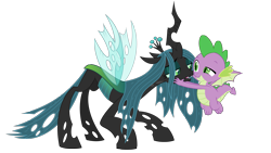 Size: 3307x1860 | Tagged: safe, artist:culu-bluebeaver, imported from derpibooru, ocellus, queen chrysalis, spike, changeling, changeling queen, dragon, chryspike, crown, digital, digital art, duo, female, flying, horn, jewelry, looking at each other, male, queen chrysellus, regalia, shipping, simple background, smiling, straight, transparent background, vector, winged spike, wings