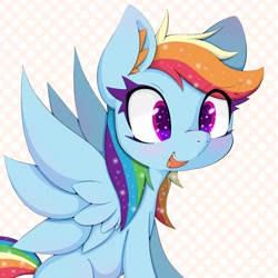 Size: 2048x2048 | Tagged: safe, artist:zokkili, imported from derpibooru, rainbow dash, pegasus, pony, abstract background, blushing, cute, dashabetes, ear fluff, feathered wings, female, high res, mare, open mouth, sitting, solo, spread wings, wings