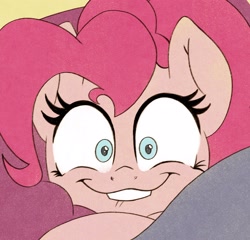 Size: 2048x1967 | Tagged: safe, artist:zokkili, imported from derpibooru, pinkie pie, earth pony, pony, cakes for the memories, spoiler:cakes for the memories, bed, crazy face, faic, lip bite, looking at you, scene interpretation, solo