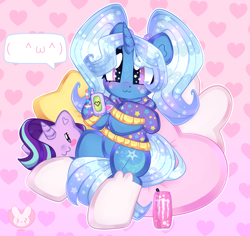 Size: 3700x3500 | Tagged: safe, artist:bunxl, imported from derpibooru, starlight glimmer, trixie, unicorn, :3, alternate hairstyle, babysitter trixie, can, clothes, cute, diatrixes, hoodie, monster, pillow, sitting, socks, text