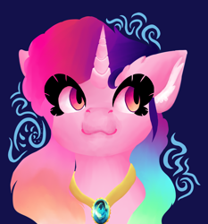 Size: 1256x1346 | Tagged: safe, artist:skyblazeart, imported from derpibooru, oc, oc only, oc:skyblaze, alicorn, pony, alicorn oc, blue background, ear fluff, eyelashes, female, gem, gradient mane, horn, jewelry, necklace, rainbow power, simple background, solo, wings