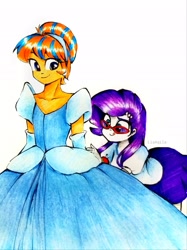 Size: 2541x3389 | Tagged: safe, artist:liaaqila, imported from derpibooru, rarity, oc, oc:cold front, human, equestria girls, cinderella, clothes, crossdressing, cute, disney princess, dress, ear piercing, earring, equestria girls-ified, evening gloves, glasses, gloves, gown, hairband, jewelry, long gloves, piercing, princess costume, skirt, smiling, top, traditional art