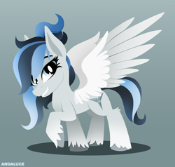 Size: 2000x1901 | Tagged: safe, artist:andaluce, imported from derpibooru, oc, oc only, oc:haze northfleet, pegasus, pony, cute, female, lineless, mare, simple background, smiling, solo, spread wings, unshorn fetlocks, wings