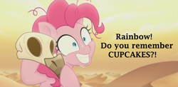 Size: 1720x838 | Tagged: safe, edit, edited screencap, editor:tcgamebot, imported from derpibooru, screencap, pinkie pie, earth pony, pony, fanfic:cupcakes, my little pony: the movie, dark comedy, desert, desert sun madness, exploitable meme, female, implied gilda, mare, meme, skull, smiling, text