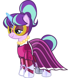 Size: 1329x1523 | Tagged: safe, alternate version, anonymous artist, derpibooru exclusive, imported from derpibooru, masked matter-horn, starlight glimmer, stepford ponies, pony, unicorn, .svg available, bedroom eyes, clothes, dress, eyelashes, female, goggles, horn, jewelry, latex, latex dress, latex suit, makeup, mare, mask, necklace, pearl necklace, power ponies, simple background, smiling, solo, svg, transparent background, vector