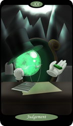 Size: 1500x2591 | Tagged: safe, artist:sixes&sevens, imported from derpibooru, part of a set, oc, oc only, oc:orb, draconequus, desk, draconequus oc, glasses, gravestone, graveyard, hat, judgement, kazoo, major arcana, mountain, mountain range, musical instrument, paper, tarot card, top hat