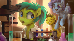 Size: 2560x1440 | Tagged: safe, artist:jewellier, imported from derpibooru, oc, oc only, oc:green leaf, pegasus, pony, beaker, chemistry, clothes, lab coat, microscope, oda 997, scientist, test tube, trio