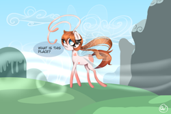 Size: 2000x1333 | Tagged: safe, artist:plaguemare, imported from derpibooru, oc, oc only, oc:chip breeze, breezie, antennae, background, big eyes, body markings, breezie oc, cloud, confused, dialogue, eyelashes, female, flying, hill, long mane, mare, mountain, solo, talking, wind, wings