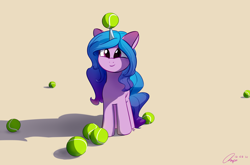 Size: 4100x2700 | Tagged: safe, alternate version, artist:potato22, imported from derpibooru, izzy moonbow, pony, unicorn, ball, cute, female, g5, high res, horn, horn guard, horn impalement, hornball, izzy's tennis ball, izzybetes, mare, simple background, smiling, solo, tennis ball, yellow background