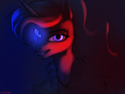 Size: 1600x1200 | Tagged: safe, artist:kirasunnight, imported from derpibooru, nightmare moon, princess luna, alicorn, pony, blue light, duality, fangs, female, looking at you, mare, red light, signature, slit pupils, solo