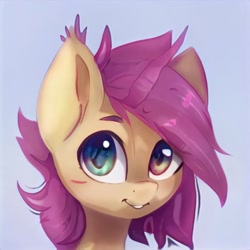 Size: 1024x1024 | Tagged: safe, artist:thisponydoesnotexist, imported from derpibooru, pony, ai content, ai generated, bust, cute, generator:thisponydoesnotexist, looking at you, neural network, not fluttershy, portrait, smiling, smiling at you, solo