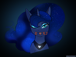 Size: 1600x1200 | Tagged: safe, artist:kirasunnight, imported from derpibooru, princess luna, alicorn, pony, ethereal mane, eyeshadow, female, galaxy mane, heart tongue, i <3 u, looking at you, makeup, mare, one eye closed, signature, smiling, solo, tongue out, wink
