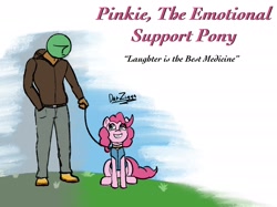 Size: 2732x2048 | Tagged: safe, artist:datzigga, imported from derpibooru, pinkie pie, oc, oc:anon, earth pony, human, pony, boots, clothes, duo, emotional support animal, eye contact, female, leash, looking at each other, male, mare, pants, shoes, sitting, smiling, sweater, vest