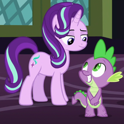 Size: 710x710 | Tagged: safe, edit, edited screencap, hundreds of users filter this tag, imported from derpibooru, screencap, spike, starlight glimmer, pony, unicorn, a hearth's warming tail, season 6, bedroom eyes, cropped, cute, duo, female, inverted mouth, looking at each other, male, shipping, show accurate, smiling, sparlight, spikabetes, straight