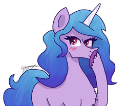 Size: 1024x848 | Tagged: safe, artist:ma5teroftheuniv3rse, imported from derpibooru, izzy moonbow, pony, unicorn, blushing, chest fluff, female, g5, looking at you, mare, raised hoof, signature, simple background, solo, unshorn fetlocks, white background