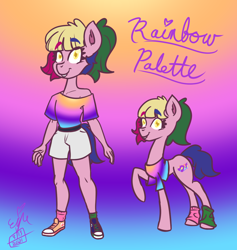 Size: 1242x1311 | Tagged: safe, artist:erenerakhard, artist:erynerikard, imported from derpibooru, oc, oc only, oc:rainbow palette, anthro, earth pony, anthro oc, clothes, converse, earth pony oc, gradient background, leg warmers, multicolored hair, off shoulder, shoes, shorts, socks