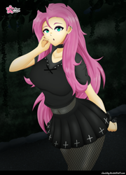 Size: 1402x1942 | Tagged: safe, artist:clouddg, imported from derpibooru, fluttershy, equestria girls, big breasts, breasts, busty fluttershy, clothes, dress, ear piercing, female, fluttergoth, minidress, multiple variants, piercing, solo