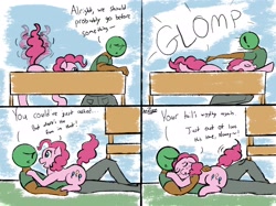 Size: 2732x2048 | Tagged: safe, artist:datzigga, imported from derpibooru, pinkie pie, oc, oc:anon, earth pony, human, pony, bench, cute, diapinkes, glomp, human on pony snuggling, pinkie sense, snuggling