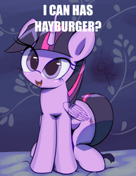 Size: 2780x3605 | Tagged: safe, artist:vultraz, imported from derpibooru, twilight sparkle, alicorn, pony, /mlp/, cute, drawthread, high res, i can has, i can has cheezburger, lolcat, looking at you, meme, ponified animal photo, ponified meme, solo, that pony sure does love burgers, twiabetes, twilight burgkle, twilight sparkle (alicorn)